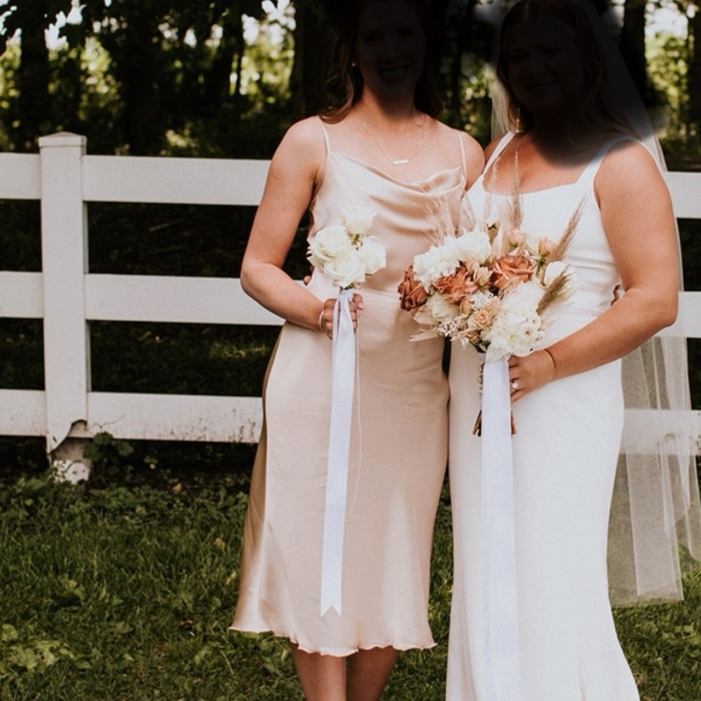 Bebe Silky Midi Slip Dress with Cowl Neck. Bridesmaid Dress.
